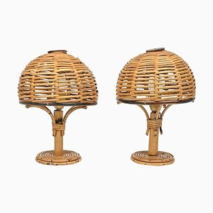 Mid-Century Bamboo & Rattan Table Lamps in the style of Louis Sognot, Italy, 1960s, Set of 2