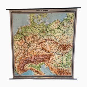 Mapa escolar alemán vintage grande de lino de Europa Central, años 60