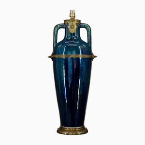 Vase-Lampe Art Nouveau en Céramique Bleue attribué à Paul Milet, France, 1900s