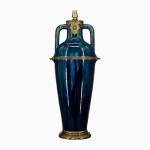 Vaso-Lampada Art Nouveau in ceramica blu attribuita a Paul Milet, Francia, inizio XX secolo