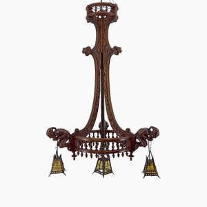 Gothic Chandelier Carved with Jesters & Lanterns, France, 1900s