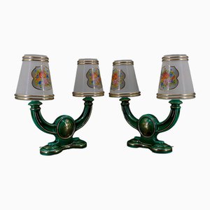 Green & Gold Earthenware Lamps, France, 1940s, Set of 2