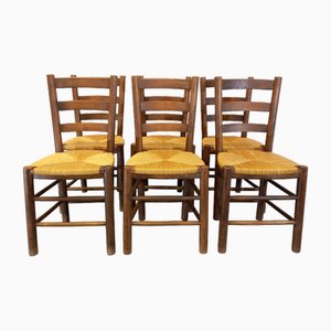Brutalistische Vintage Stühle aus Holz & Stroh, 1960er, 6er Set