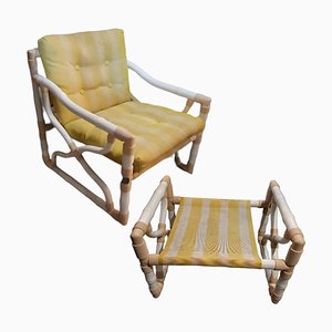 Vintage Spanish Imitation Bamboo Armchair with Footstool from Kettal Barcelona, Set of 2