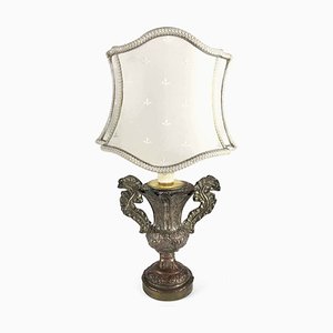 Antique Table Lamp with Shaped Fan Lampshade, 19th Century