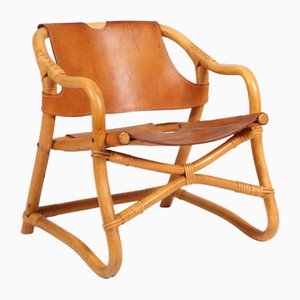 Danish Modern Manilla Lounge Chair in Bamboo, Rattan & Saddle Leather, 1960s