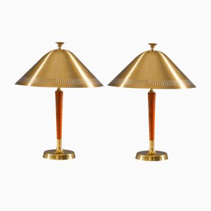Mid-Century Scandinavian Table Lamps in Brass & Teak attributed to Falkenbergs, 1950s, Set of 2