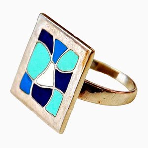 Mid-Century Silver Ring with Big Colored Plate, 1960s
