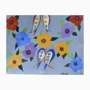 Claude Decamps, Fiori con farfalle, Olio su tela, anni '70