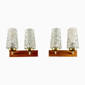 Double Arm Wall Lights with Cylindrical Glass Shades and Wooden Bases, Germany, Set of 2