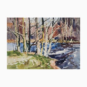 Edgars Vinters, Paesaggio forestale con fiume, Acquarello, anni '80