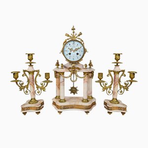 19th Century Louis XVI Style Marble and Bronze Chimney Clocks, Set of 3