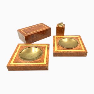 Smoking Set in Brass and Wood, Italy, 1970s, Set of 4