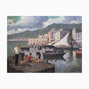 Giuseppe Iannicella, Village de pêcheurs et réparation des filets - côte amalfitaine, Oil on Wood