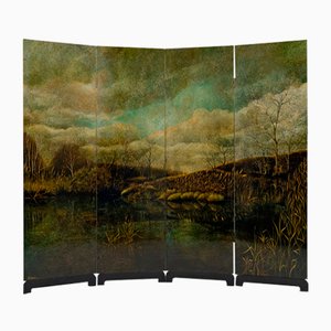 4-Panel Screen with Lacquered Landscape by Bernard Cuenin, 1970s
