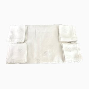 Tablecloth and Napkins in White Linen, 1900, Set of 17