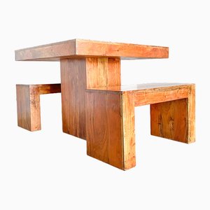 Dining Table and Benches in Teak, Italy, 1970s, Set of 3