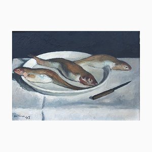 Edouard Arthur, Assiette de poissons, 1948, Huile sur Toile, Encadrée