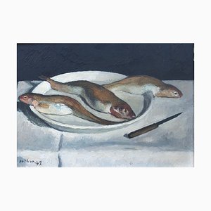 Edouard Arthur, Assiette de poissons, 1948, Olio su tela, Incorniciato