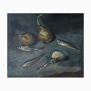 Constantin Terechkovitch, Nature Morte aux Sardines, 1955, Huile sur Carton
