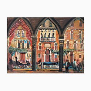 Roberto Gherardi, Venise, La Pescheria, años 80, óleo sobre lienzo, Enmarcado