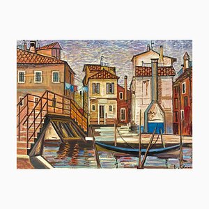 Roberto Gherardi, Venecia, las Góndolas, años 80, óleo sobre lienzo, Enmarcado