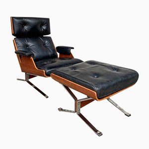 Lounge Chair & Ottoman in Teak, Plywood and Black Leather, 1960s, Set of 2