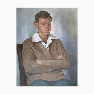 Emile-François Chambon, Jeune homme assis col blanc et pull à pois, 1928, Öl auf Leinwand, Gerahmt