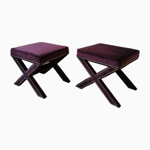 Vintage American X Base Purple Velvet Foot Stools with Silver Studding, 1980s