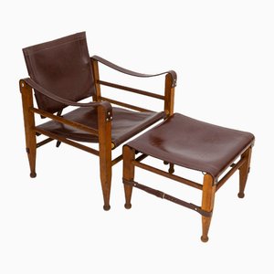 Chaise Safari en Teck et Ottomane en Cuir de Aage Bruru & Son, 1960s, Set de 2