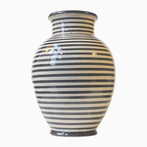 Art Deco Floor Vase in Striped Glazed Ceramic, 1940s