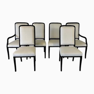 Italian Art Deco Style Cream Velvet and Black Lacquered Chairs, 1980s, Set of 6
