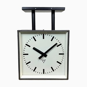 Industrial Square Double-Sided Factory Ceiling Clock from Pragotron, 1970s