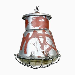 Lampe à Suspension d'Usine Cage Industrielle avec Couvercle en Verre de Mesko, 1970s