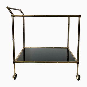 Mid-Century French Serving Cart in Metal, Black Glass and Faux Bamboo