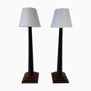 Italian Art Deco Style Black Lacquered Wood Floor Lamps with Velvet Shades, 1980s, Set of 2