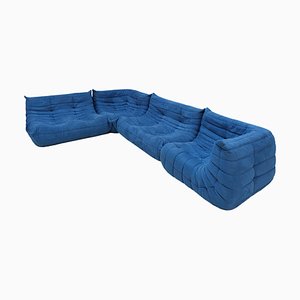 Blaues Togo Sofa aus Samt von Michel Ducaroy für Ligne Roset, 1970er, 4er Set