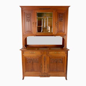 Art Nouveau Buffet in Carved Walnut with Stained Glass and Mirror, France, 1910s