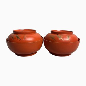 Urushi Rice Bowls with Maki-E Crane Motif, Japan, Set of 2