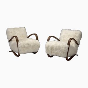 H-269 Lounge Chairs in White Tibetan Lambswool attributed to Jindřich Halabala, Czechoslovakia, 1930s, Set of 2