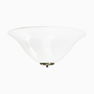Vintage White Opaline Glass & Brass Wall Lamps