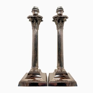 Edwardian Corinthian Neoclassical Table Lamps Nickeled Brass, 1930s, Set of 2