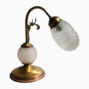 Art Nouveau Portuguese Brass & Frosted Glass Table Lamp, 1960s