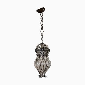 Venetian Murano Pendant Light in Mouth Blown Glass with Iron Frame, 1920s
