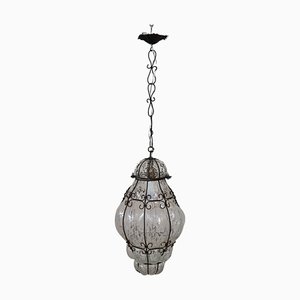 Venetian Murano Pendant Light in Mouth Blown Glass with Iron Frame, 1920s