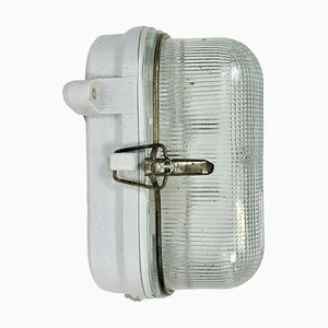 Industrial White Porcelain Wall Light with Ribbed Glass, 1970s