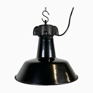 Industrial Black Enamel Factory Lamp with Cast Iron Top, 1960s