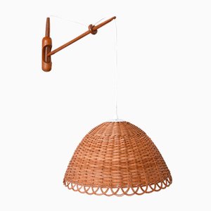 Lampada da parete Mid-Century moderna in vimini e teak, Scandinavia, anni '60