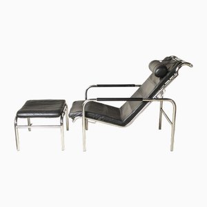 Set of Leather and Chromed Steel Structure Model Genni Lounge Chair & Ottoman by Gabriele Mucchi for Zanotta, 1970s