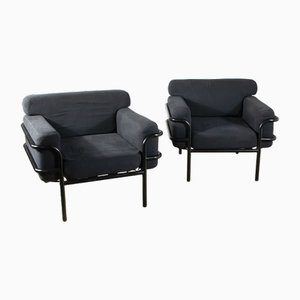 Tubular Metal Structure & Fabric LC2 Lounge Chairs by Le Corbusier, 1970s, Set of 2